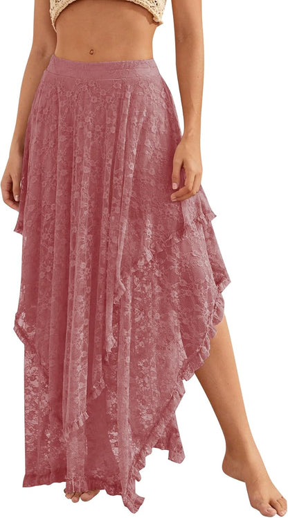 YKR Womens Lace Long Skirts Elastic Asymmetrical Layered Hem Sexy See-Through Flowy Skirts Floral Beach Maxi Skirt.