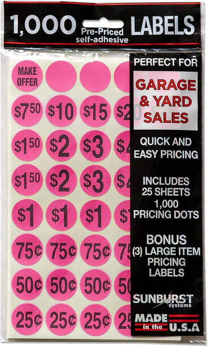 Sunburst Systems 7035 Priced Garage Sale Stickers, 1,000 Count Pre-Printed Labels, Pink