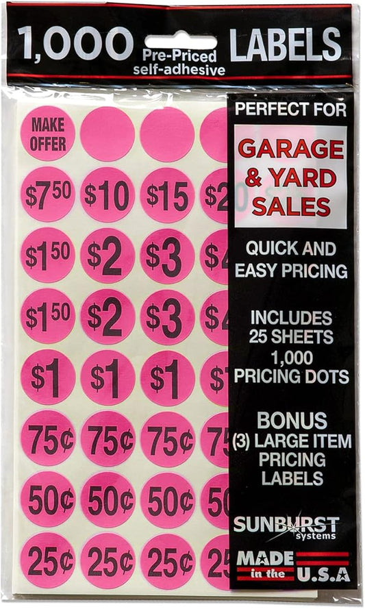 Sunburst Systems 7035 Priced Garage Sale Stickers, 1,000 Count Pre-Printed Labels, Pink