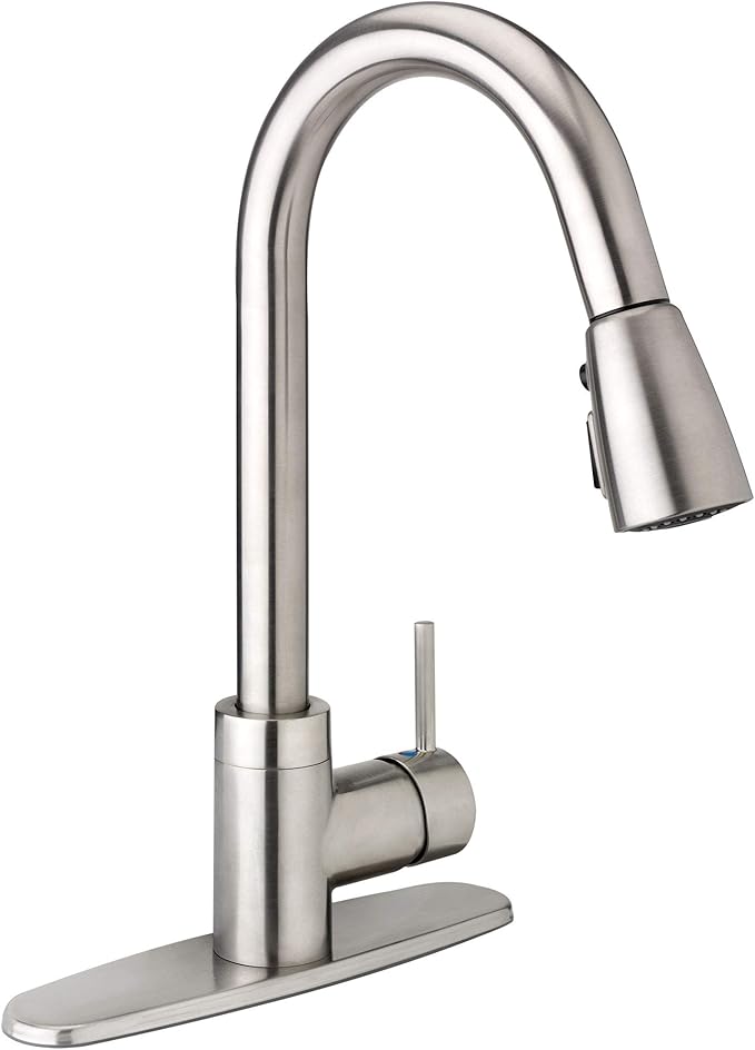 Plumb Pak URB78CBN Single Handle Pull Down Kitchen Faucet with Dual Spray Pattern and Pause Button, Brushed Nickel