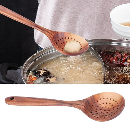 Wooden Strainer Spoon, 11 inch Teak Wooden Slotted Spoon Long Handle Colander Ladle Skimmer Scoops for Home Kitchen Cooking Tool