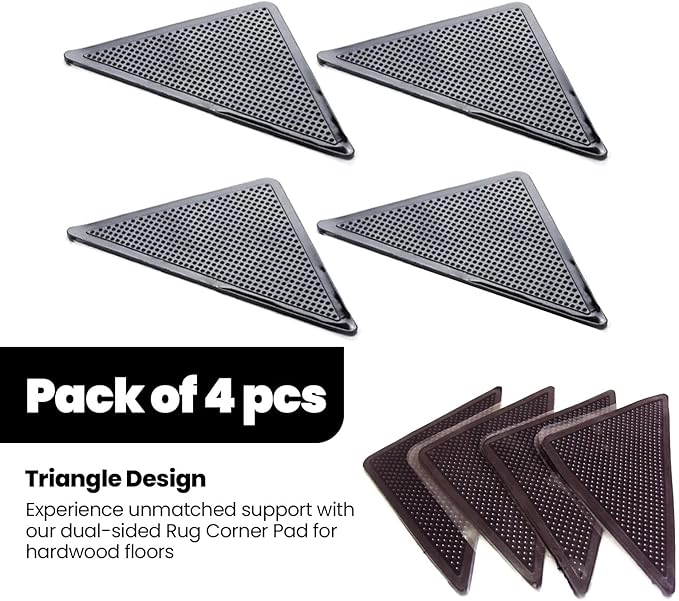 Muddy Mat Heavy Duty Non-Slip Reusable Rug Corner Pads - Double-Sided Adhesive Pad for Corners and Sides on Hardwood Floors, Area Rugs - Keep Your Rug in Place (Pack of 4)