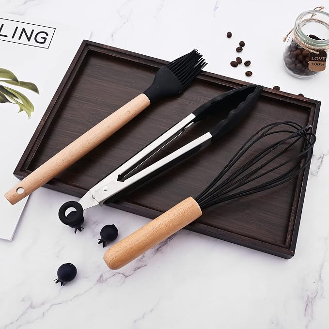 1pcs Black Silicone Balloon Whisk,Heat Resistant Non Scratch Coated Kitchen Whisk with Wooden Handle for Blending Whisking Beating Stirring Cooking Backing