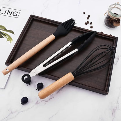 1pcs Black Silicone Balloon Whisk,Heat Resistant Non Scratch Coated Kitchen Whisk with Wooden Handle for Blending Whisking Beating Stirring Cooking Backing