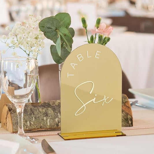 Gold Mirror Arch Wedding Table Numbers 1-25 with Stands, 5x7 Inch Acrylic Arch Sign with Holder, Gold Mirror Arched Acrylic Table Numbers for Wedding Reception(1-25, 5"x7")