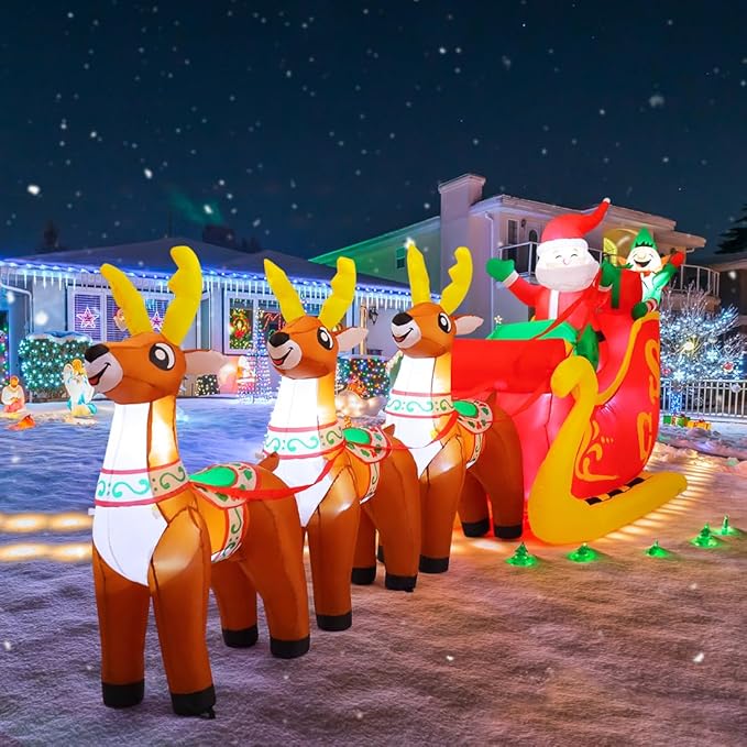 GOOSH 12 Ft Christmas Inflatable Reindeer cart Outdoor Decorations Blow Up Yard Three Deer Pulling a Sleigh and Santa Claus with Built-in LEDs for Indoor Party Garden Lawn Decor