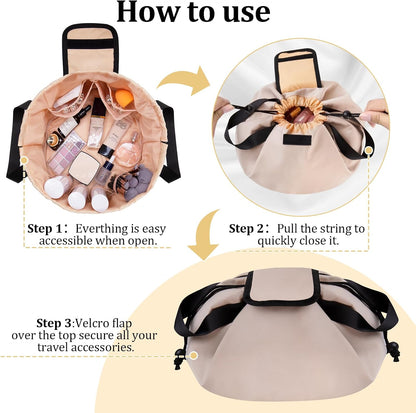 Large Barrel Drawstring Makeup Bag,Lay Travel Makeup Bag,Portable Cosmetic Bag Travel Bags Toiletry Bags for Travel Toiletries Accessories Essentials(Khaki)