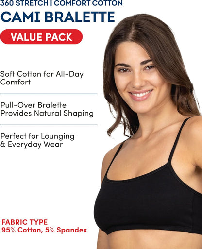 Fruit of the Loom Women's Spaghetti Strap Cotton Cami Sports Bra Multi-Pack