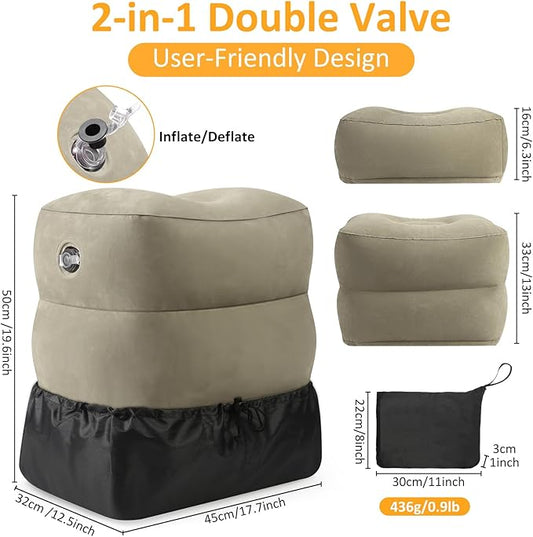 Inflatable Foot Rest Pillow for Travel - Adjustable Height Flight Foot Rest with Eye Mask and Earplugs for Kids  Adults on Airplane, Car, Train, Office, and Home (Gray, 1 PCS)