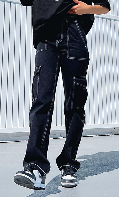 CHARTOU Women's Y2k Style Mid-Rise Wide Leg Straight Boyfriend Cargo Denim Jeans Pants