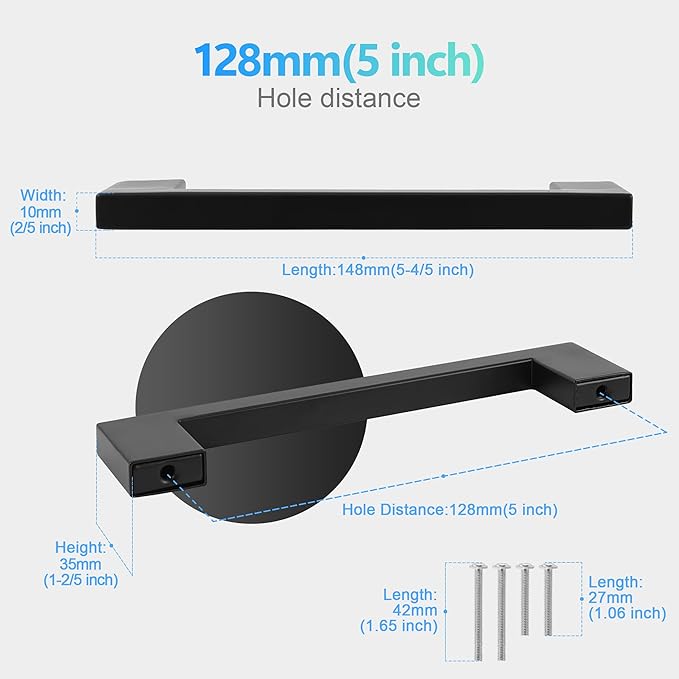 Cabinet Pulls Brushed Nickel Cabinet Handles Square Drawer Pulls, 2 Pack 5 Inch Stainless Steel Kitchen Door Cupboard Cabinet Handles, Drawer Hardware Handles, 128mm Hole Centers