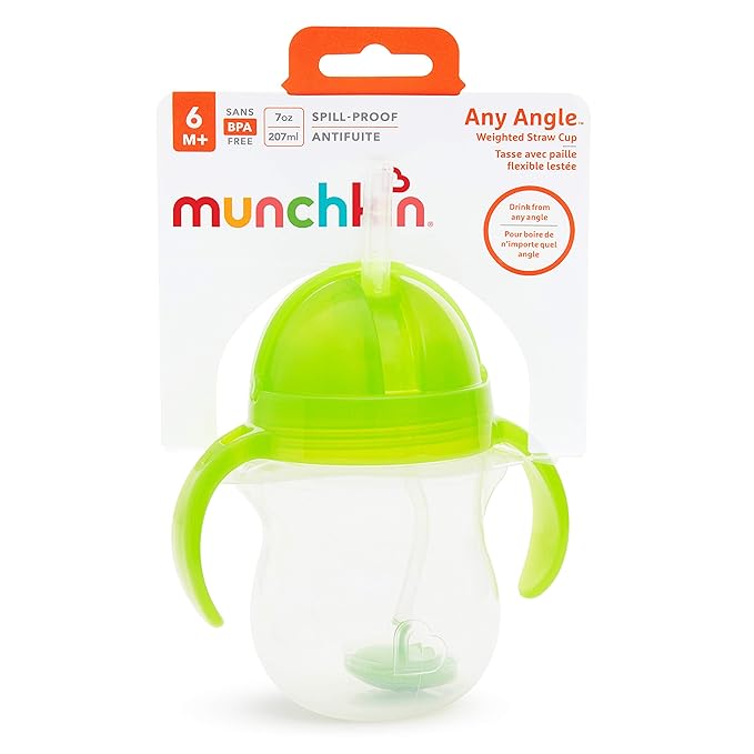 Munchkin Any AngleN Sippy Cup for Toddlers, Weighted Straw Trainer Cup with Click LockN Lid, 7 Ounce, Green