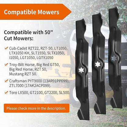 942-04053C Mower Blades for 50" Lawn Tractors, 742-04053 High Lift Blade Fit for Cub-Cadet Troy Bilt RZT 50 LT1050 LTX1050 50" Deck 742-04053A 742-04123, 942-04123, 3 Pack