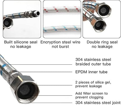 Homevacious 32-Inch Long Bathroom Kitchen Faucet Connector Braided Supply Hose 38-Inch Female Compression Stainless Steel Thread x M10 Male Connector, x 2 Pcs (1 Pair)