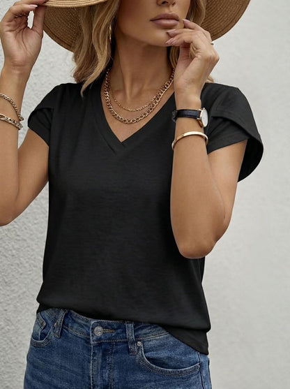 NUKELOLO V Neck T Shirts for Women Petal Sleeve Summer Tops Capsule Wardrobe Essentials Dressy Casual Blouse