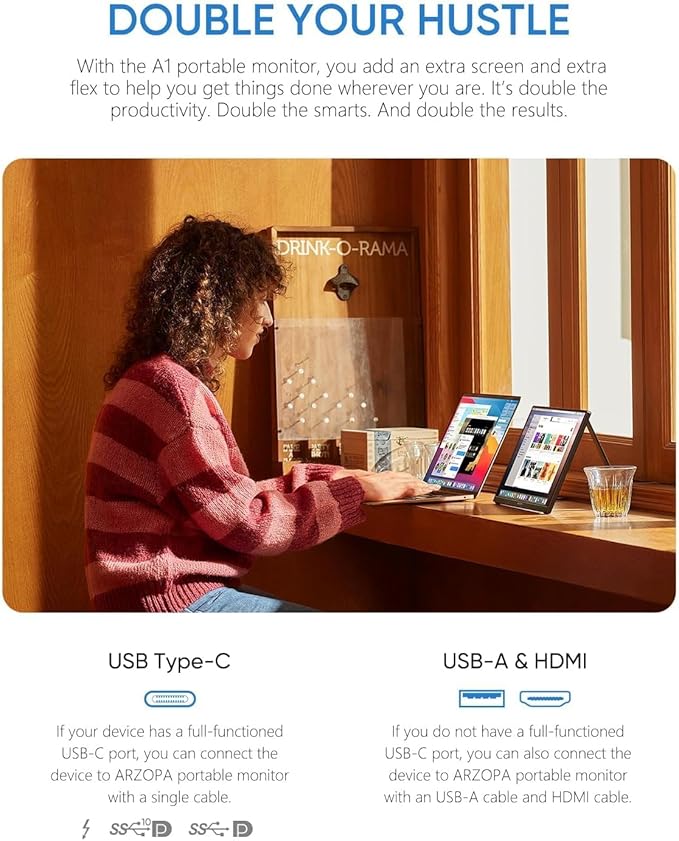 ARZOPA Portable Monitor 15.6'' FHD 1080P - Ultra-Slim Portable Laptop Monitor with Kickstand - IPS Display for PC, MAC, Phone, Xbox, PS5 - USB C  HDMI Connectivity - A1
