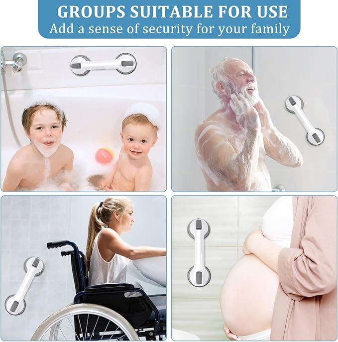 Shower Handle 2 Packs Grab Bars for Bathtubs  Showers, 12 inch Grab Bars for Bathroom with Strong Hold Suction Cup, Balance Bar Safety Hand Rail for Injury, Senior, Elderly Grey