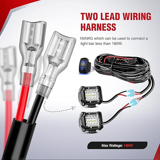 Nilight 10011W 16AWG Wiring Harness Kit-2 Leads LED Light Bar 12V OnOff 5 Pin Rocker Switch Power Relay Blade Fuse for Jeep Boat Trucks, 2 Years Warranty