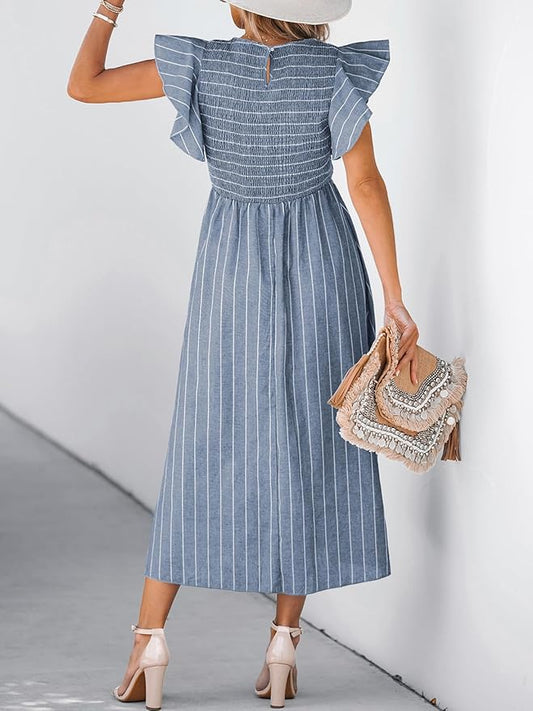 CUPSHE Women's Summer Dress Square Neck Striped Smocked Dress Ruffled Cap Sleeves Dress A Line Maxi Formal Dress