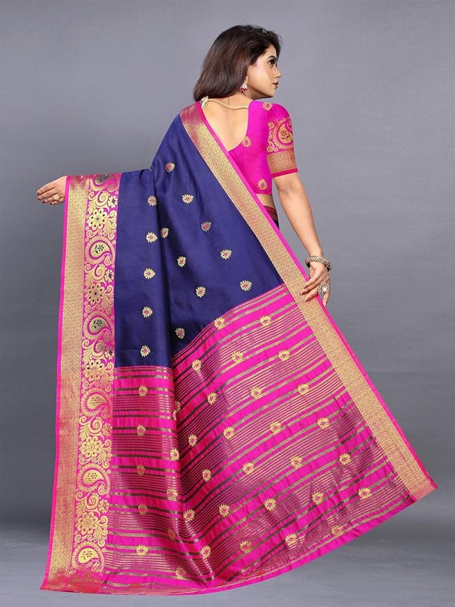 Ethnic Motifs Zari Jute Silk Banarasi Saree - 214351, Navy Blue, One Size, Navy Blue, One Size