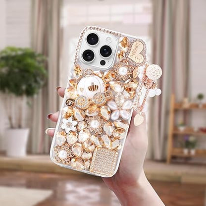 for iPhone 15 Pro Max Bling Glitter Case, Luxury Shiny Diamond Crystal Rhinestone Champagne Pumpkin Car Handmade Clear Protective Case Cover for iPhone 15 Pro Max