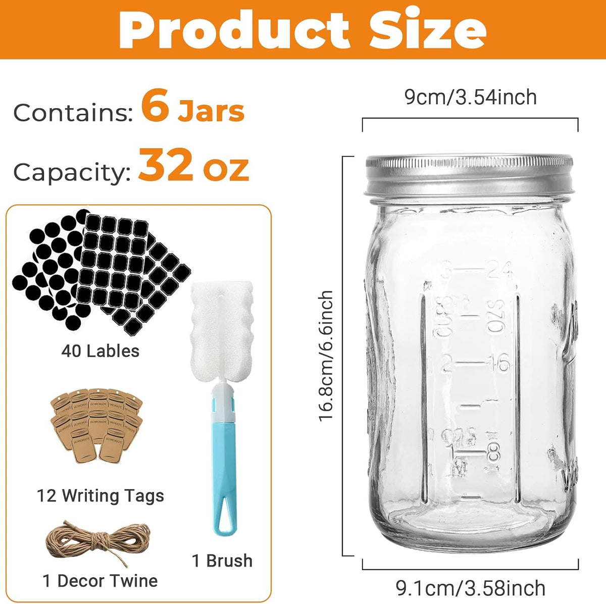 CycleMore 32oz Mason Jar, Large Glass Mason Jar with Metal Airtight Lid and Band, Wide Mouth Glass Jar, 1 Quart Canning Jar for Pickling, Fermenting, Food Storage & DIY Projects (1 Jar)