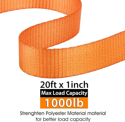 Ratchet Tie-Down Straps, 1" x20' Lashing Strap, Polyester Webbing, Coated S-Hooks  Metal Cambuckles, 1000lbs Capacity (Pack of 4)
