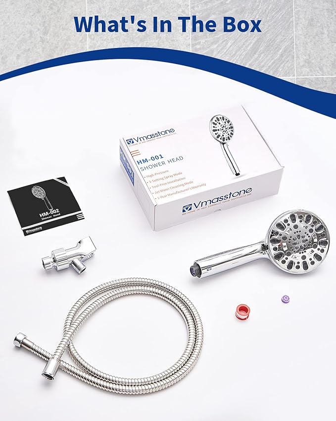 High Pressure Handheld Shower Head VMASSTONE 7-Spray Setting Showerhead Kit with 59" Stainless Steel Hose and Adjustable Mount for Showering Enjoyment Even at Low Water Flow (HM-002 Chrome)