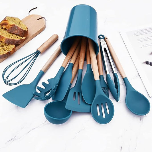 1pc Blue Silicone Spoon Flexible Spatula Set with Wooden Handle, Heat Resistant Rubber Scraper, Non-stick Ideal Cookware for Cooking, Baking and Mixing.