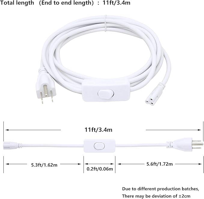 SinLoon 11FT US Plug Power Cords with On/Off Switch 3-Core LED Integrated Lights Connector Power Cable for LED T5 T8 Light Tube Integrated LED Light Fixture Extension Cable (3.4m US SW)
