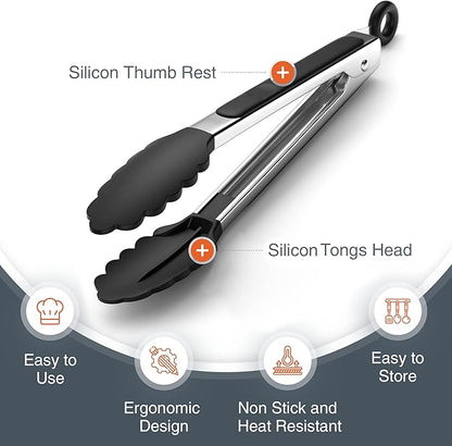 Tribal Cooking Stainless Steel Tongs - 9" and 12" With Silicone Tips, Locking BBQ Tongs