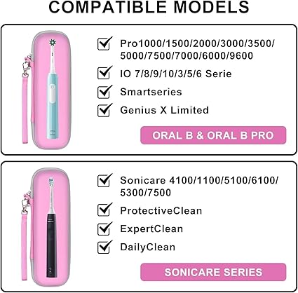 Toothbrush Travel Case for Oral B/Oral-B Pro 1000 1500 5000 7000 7500 6000 9600/ Phlips Sonicare 4100 5100 1100 6100 5300 Electric Toothbrush, Portable Hard Protective Storage Bag (Pink)