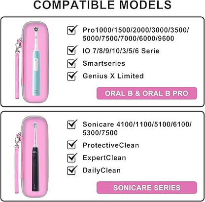 Toothbrush Travel Case for Oral B/Oral-B Pro 1000 1500 5000 7000 7500 6000 9600/ Phlips Sonicare 4100 5100 1100 6100 5300 Electric Toothbrush, Portable Hard Protective Storage Bag (Pink)