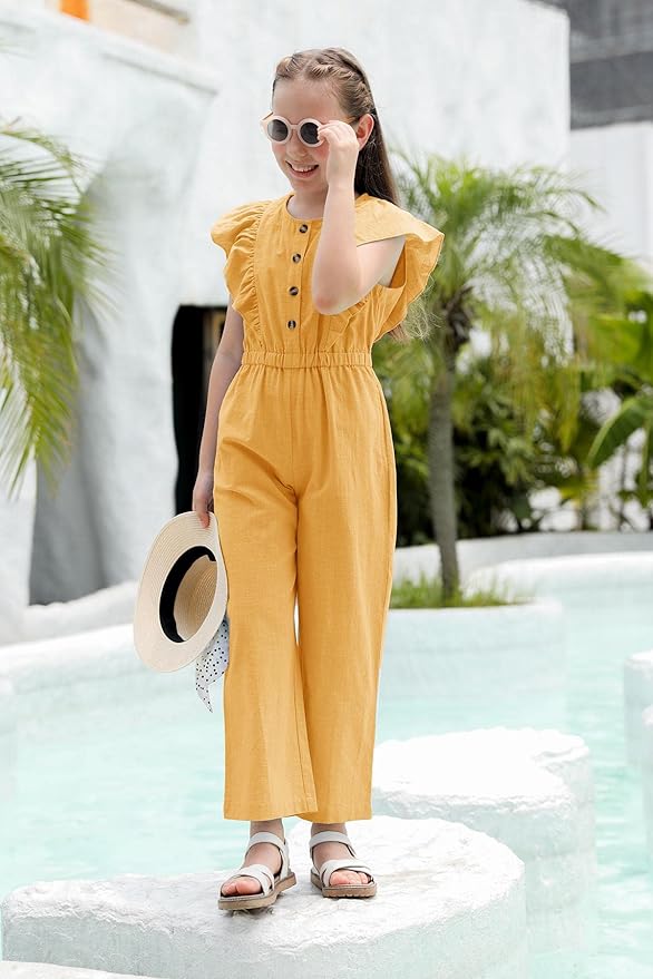 GAMISOTE Girls Wide Leg Jumpsuit Cotton Sleeveless Button Up Ruffle One Piece Rompers