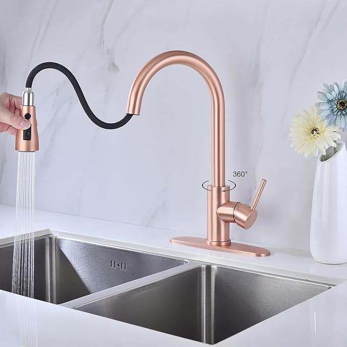 Delle Rosa Copper Rose Gold Kitchen Faucet, Deck Mount, 304 Stainless Steel, Single Handle, 3-Way Spray Setting, Easy Installation