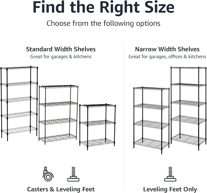 Basics 5-Shelf Multipurpose Adjustable Steel Garage Shelving Unit, Storage Rack for Kitchen, 200 lbs Per Shelf, Easy Assembly, 13.4"D x 23.2"W x 60"H, Black