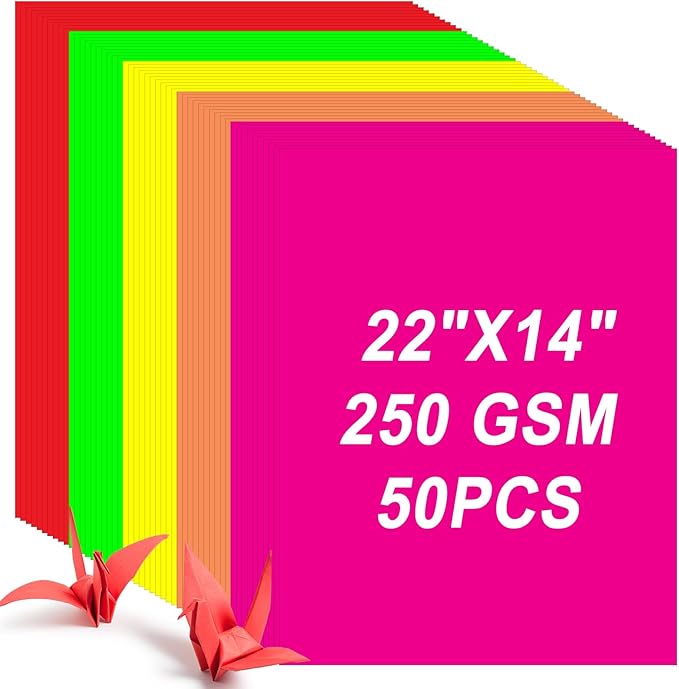 Tenceur 50 Pieces Neon Poster Board 22" x 14" Neon Construction Paper 250 Gsm90 lb Cardstock Large Bright Fluorescent Poster Board for School Craft Project Presentation Drawing Graphic Display