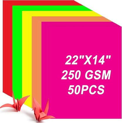 Tenceur 50 Pieces Neon Poster Board 22" x 14" Neon Construction Paper 250 Gsm90 lb Cardstock Large Bright Fluorescent Poster Board for School Craft Project Presentation Drawing Graphic Display