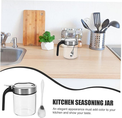 KICHOUSE 300ml Lid Glass Kitchen Seasoning Jar with Spoon Spice Container for Household Use Ideal for Storing Salt Sugar and Seasonings