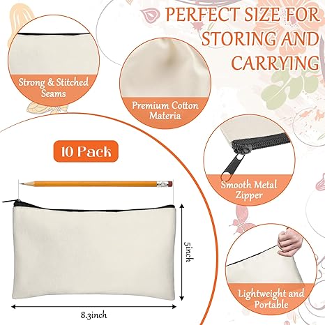 Legigo Blank DIY Craft Bag (13 Pc) Canvas Pencil Case Blank Makeup Bags- Canvas Pencil Pouch Bulk Canvas Cosmetic Bag Multi-Purpose Travel Toiletry Bag Canvas Zipper Bags 8.3 × 5 Inch