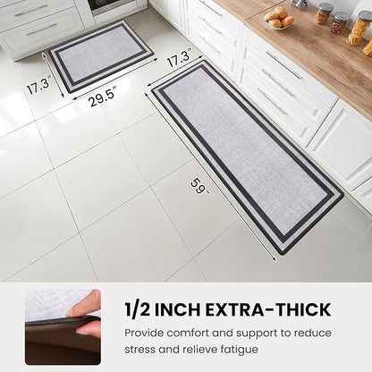 Kitchen Rugs Cushioned Anti Fatigue Floor Mat Standing Desk Mats Non-Slip Waterproof PVC Foam Ergonomic Comfort Rug for Kitchen Sink Office Laundry, 17.3"x59", Frame Grey