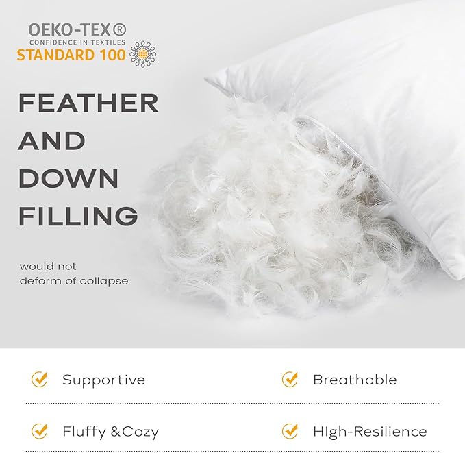 SAVORI Set of 2 Down and Feather Throw Pillow Inserts 28x28 Soft Fluffy Pillow Inserts with 100% Down-Proof Cotton Cover, Decorative Square Cushion Inner for Sofa Couch Bed-White
