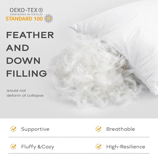 SAVORI Set of 2 Down and Feather Throw Pillow Inserts 28x28 Soft Fluffy Pillow Inserts with 100% Down-Proof Cotton Cover, Decorative Square Cushion Inner for Sofa Couch Bed-White