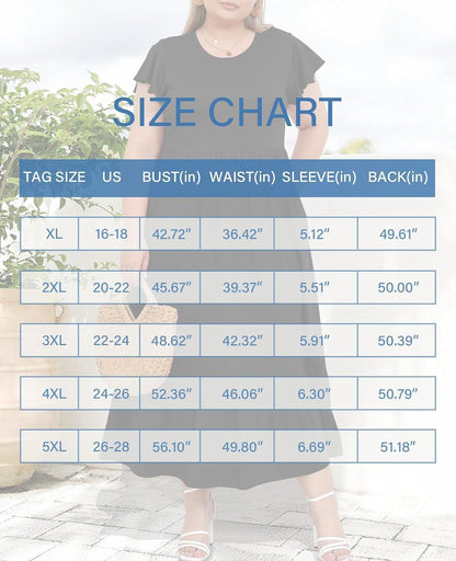 Women's Plus Size Maxi Dress Crew Neck Ruffle Short Sleeve Summer Casual Dresses with Pockets Floral Long Dress