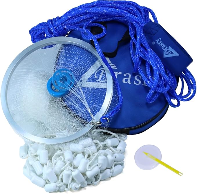 Drasry Fishing Cast Net with Aluminum Ring 38 or 12 Mesh for Saltwater Freshwater Bait Shrimp Trap Fish Throw Net Heavy Duty Sinker. Size 4FT5FT6FT7FT Radius