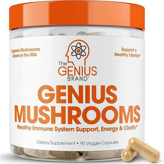 Genius Mushroom Supplement - Full-Spectrum Lions Mane, Cordyceps, Reishi -Daily Brain Nootropic for Energy, Focus, Memory  Overall Wellness - 90 Capsules  Organic for Mental Clarity  Performance