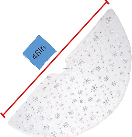 Christmas Tree Skirt, 48 Inch White Luxury Faux Fur  Silver Sequin Snowflakes, 4ft Xmas Tree Skirt for Holiday Tree for Holiday Ornaments Party