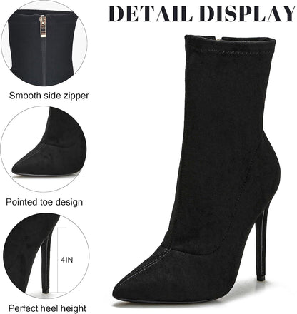 Women's Ankle Boots Stiletto High Heels Boots Sexy Pointed Toe Side Zipper Sock Boots Comfy Mid Calf Booties