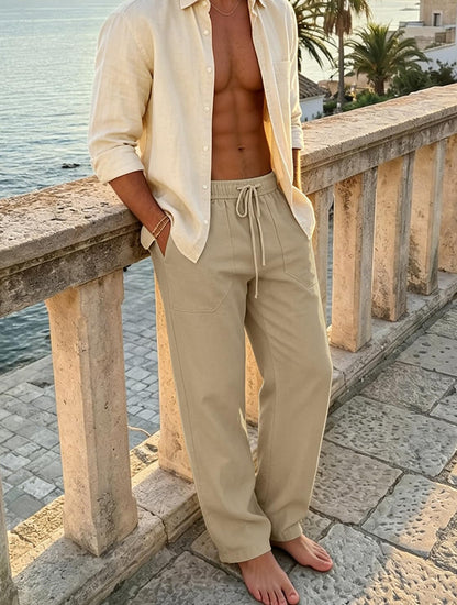 Puimentiua Cotton Linen Pants Men Casual Loose Fit Elastic Drawstring Waist Summer Beach Pants