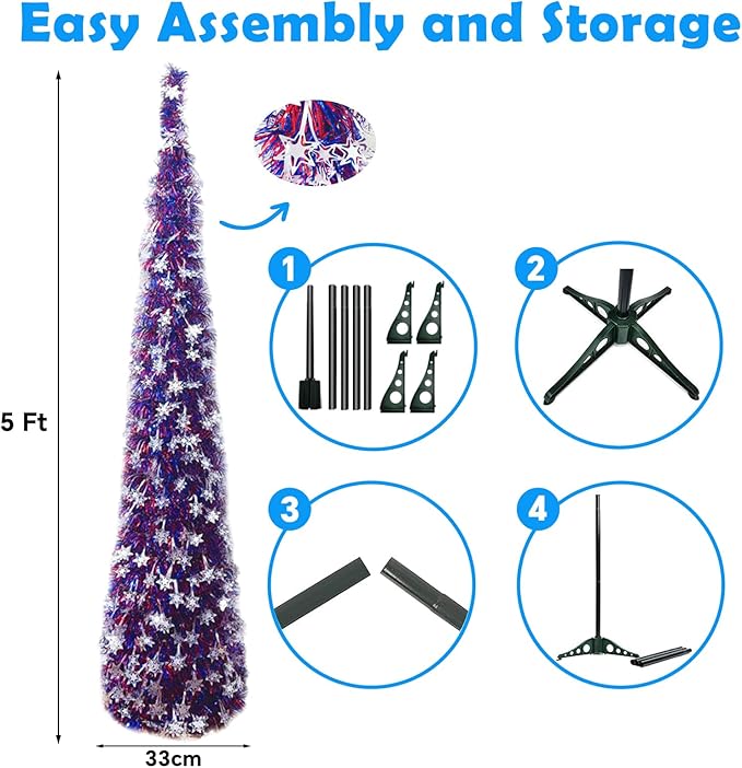 4th of July Decor Tree, Patriotic Pop up Pencil Christmas Tree,5 Ft Christmas Tinsel Tree,Sequin Star Ornaments Garland Collapsible Tree for Independence Day Memorial Home Decor